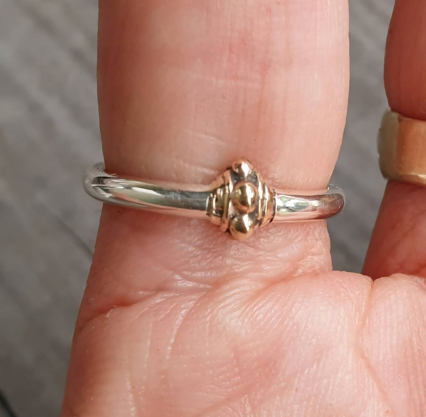 Mixed metal ring,9k gold ball top 925 sterling silver band, mixed metal.