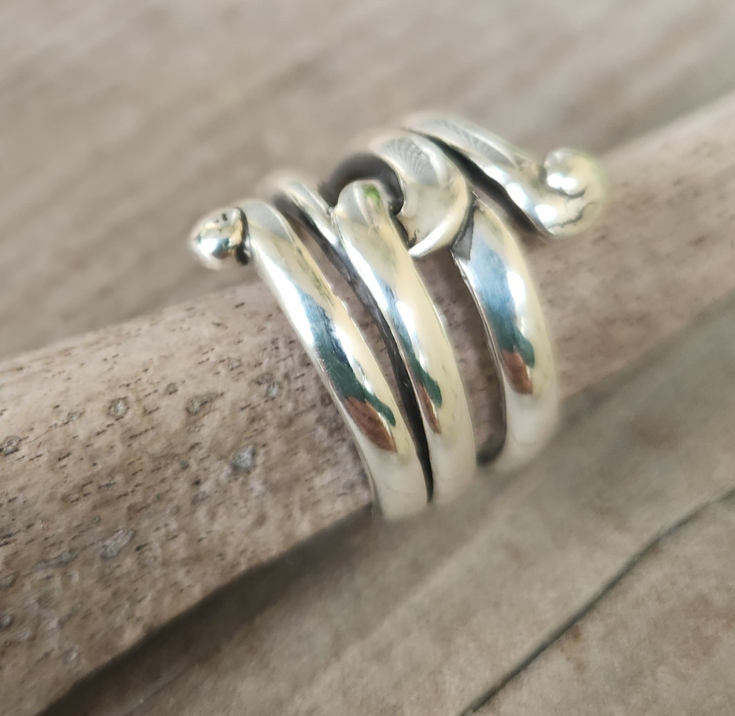 long silver ring,925 sterling,swirl,boho,gypsy,hippy,triple band.