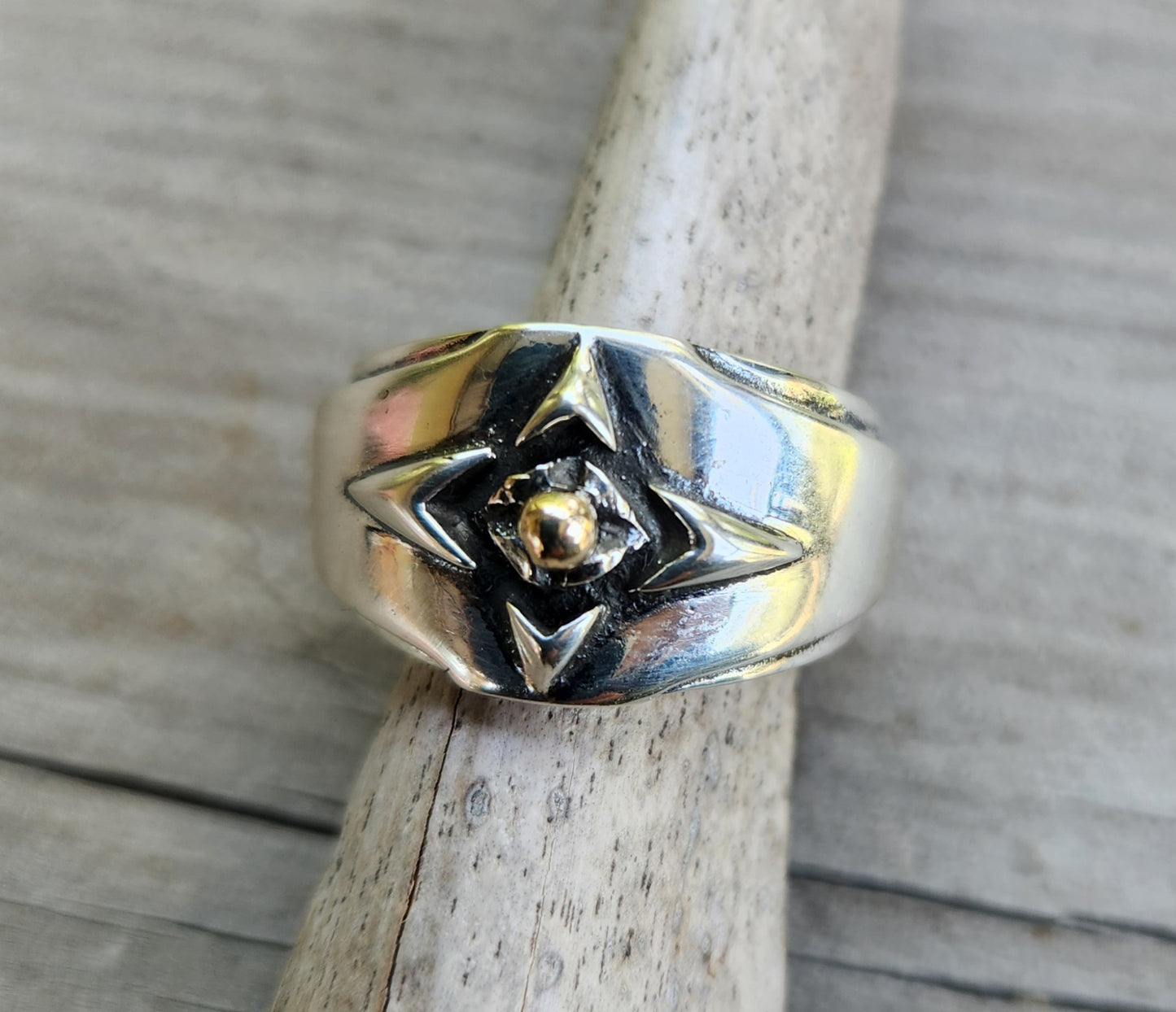silver tribal band,925 solid sterling silver with a center gold ball ring,ornate mixed metal solid mans ring modern,mixed metal, two tone dress ring,celtic tribal wedding band