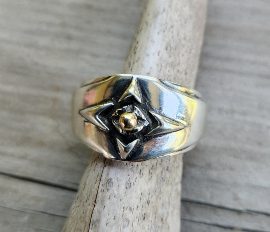 silver tribal band,925 solid sterling silver with a center gold ball ring,ornate mixed metal solid mans ring modern,mixed metal, two tone dress ring,celtic tribal wedding band