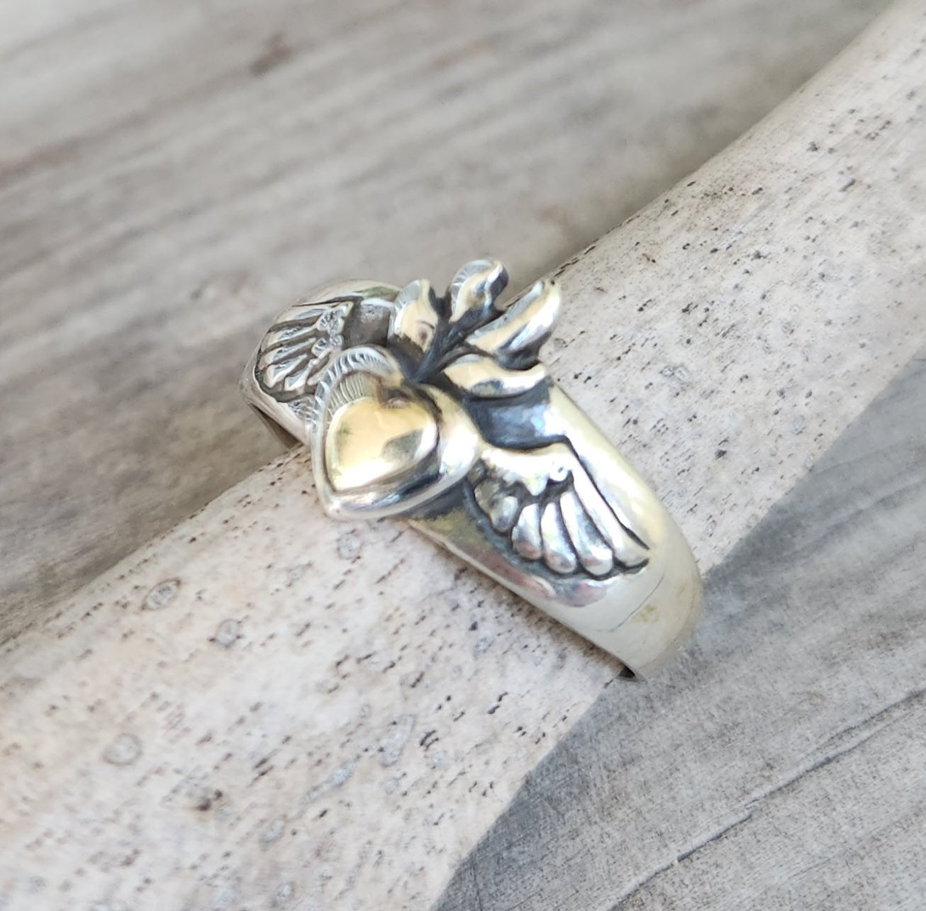 gold sacred heart ring,9k heart and sterling silver,winged goddess band,