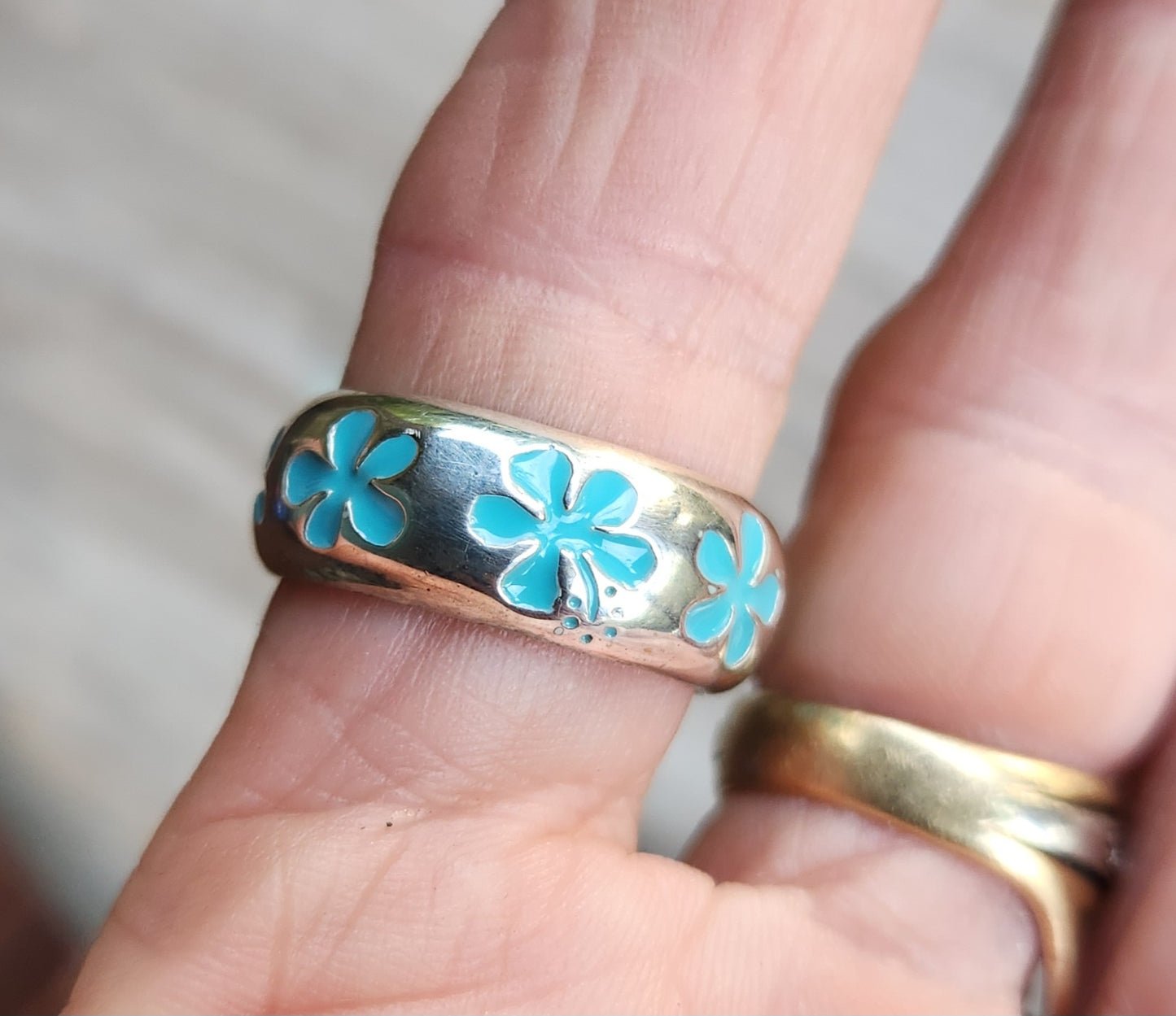 Surf ring,925 sterling silver band,Hawaii,blue Hibiscis flower ring,frangipani, surfer girl ring,flower, ring,boho,gypsy,silver band,wedding,hand made