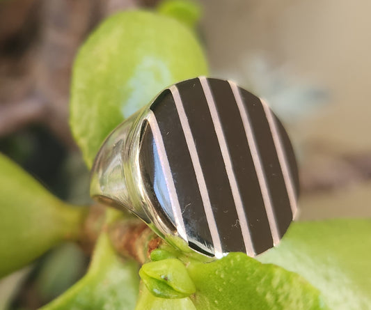 Large round inlay ring,925 sterling silver,black acrylic mosaic