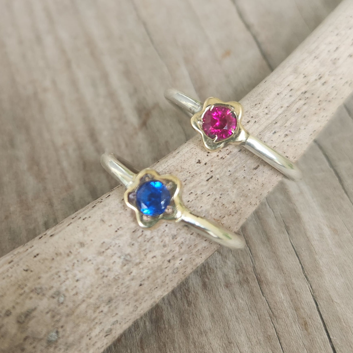 Two tone flower stacking ring,solid 9k gold and sterling silver,mixed metal thin stacker band ,