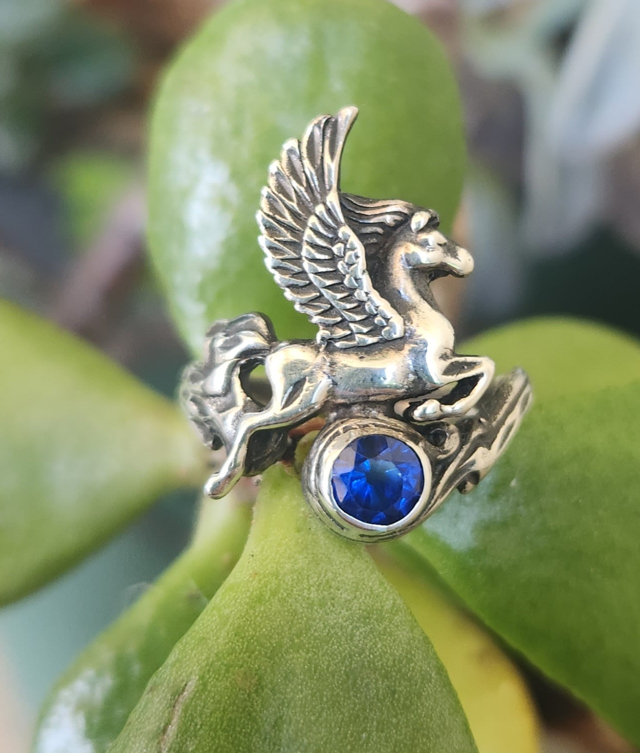 PEGASUS ring,green onyx,sterling silver,mythical horse, unicorn, fantasy,new age,magic,mystical, boho,hippy,gypsy, art nouveau,handmade,