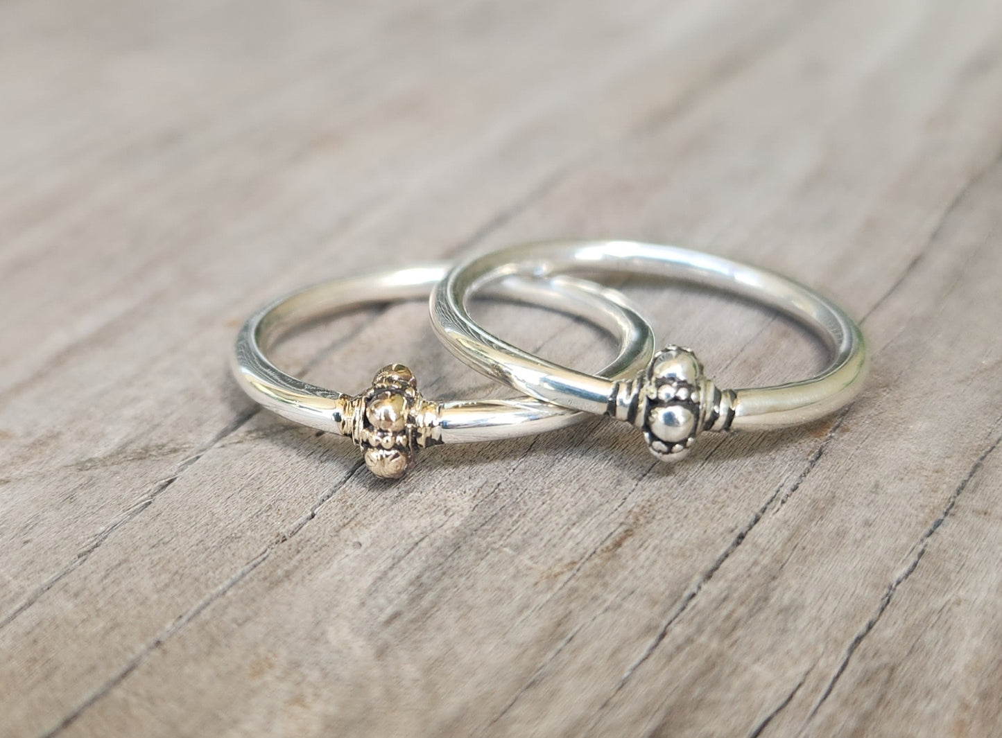 Silver bead stacker ring,925 sterling silver, 9k gold bead and sterling silver
