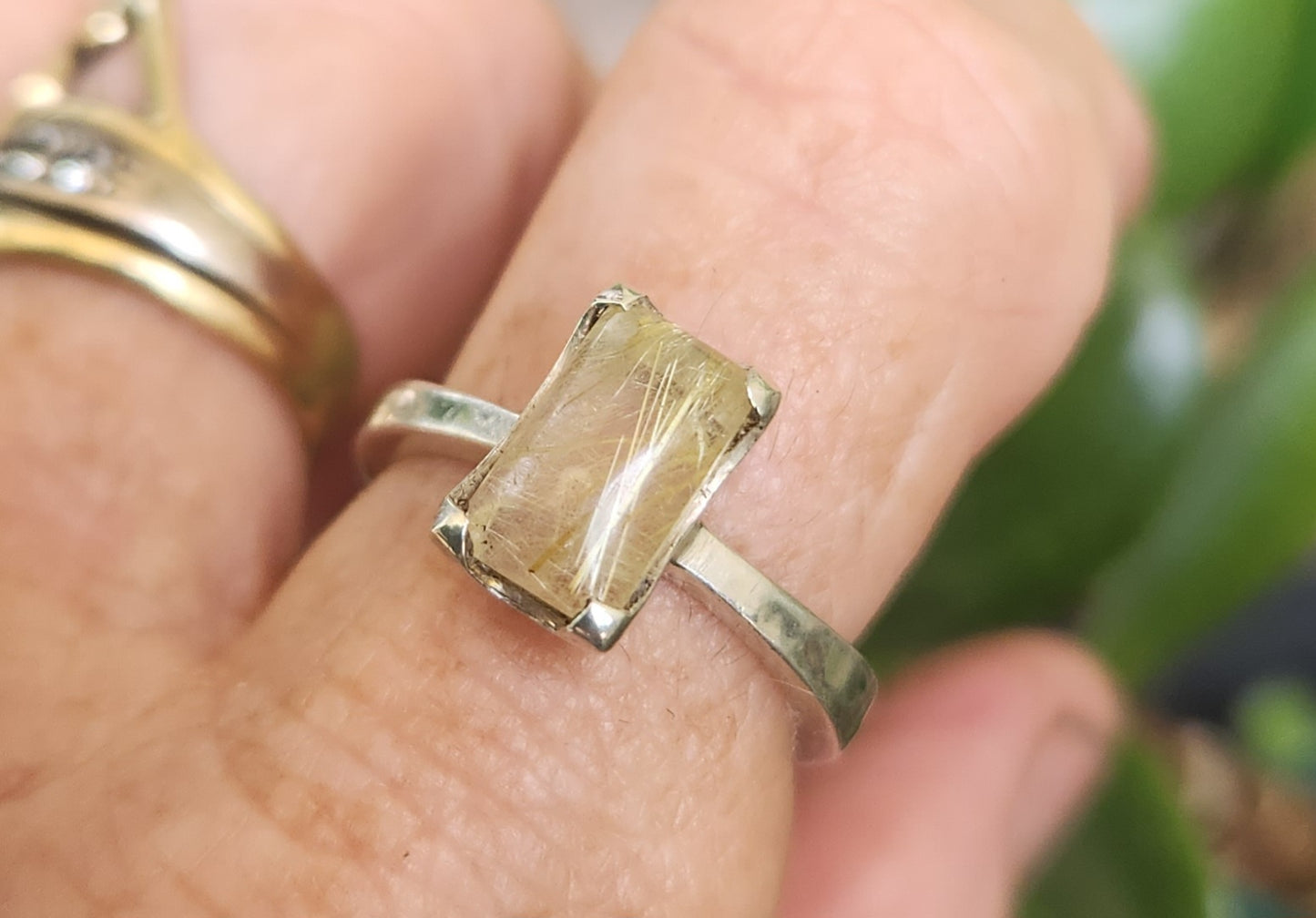Golden rutilated quartz ring,boho new age,sterling silver,solitare,hammered band