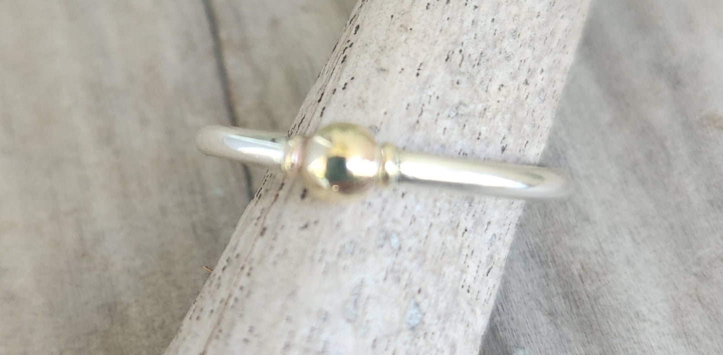 Two tone stacking ring,9k gold vintage bead on a sterling silver band,thin halo mixed metal stacker band