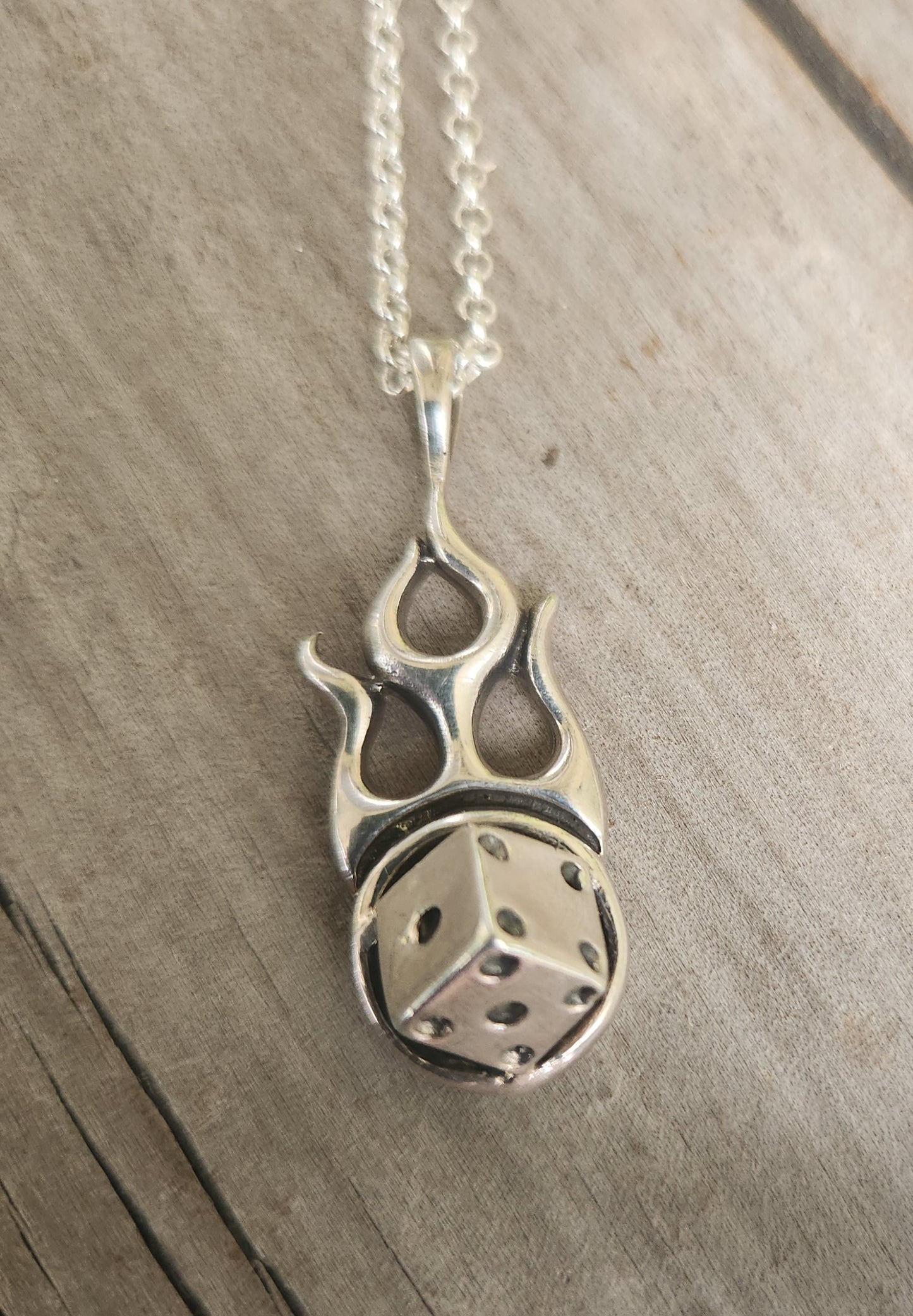 Flame dice pendant, 925 sterling silver,gambling,rockabilly,muscle car pendant
