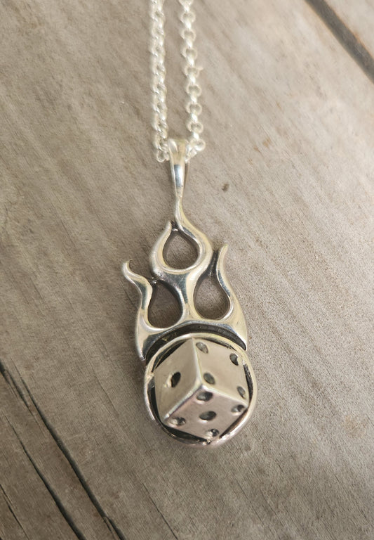 Flame dice pendant, 925 sterling silver,gambling,rockabilly,muscle car pendant