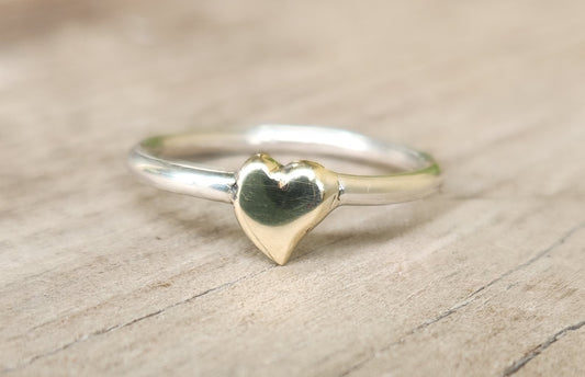 Gold Heart ring,9k Gold and 925 sterling silver,two tone ring,mixed metal