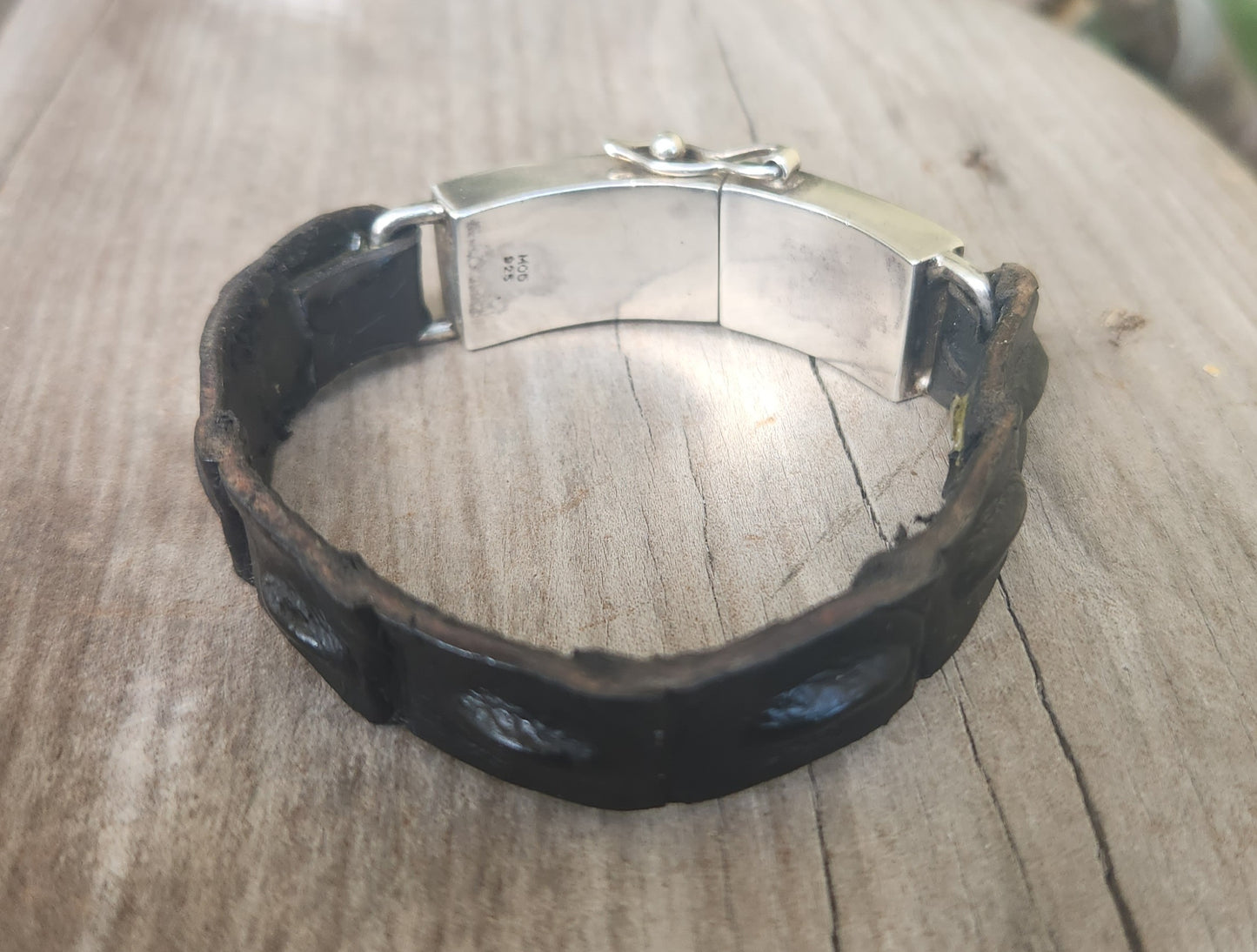 Silver flame bracelet,925 sterling silver,heavy chunky silver with crocodile leather band