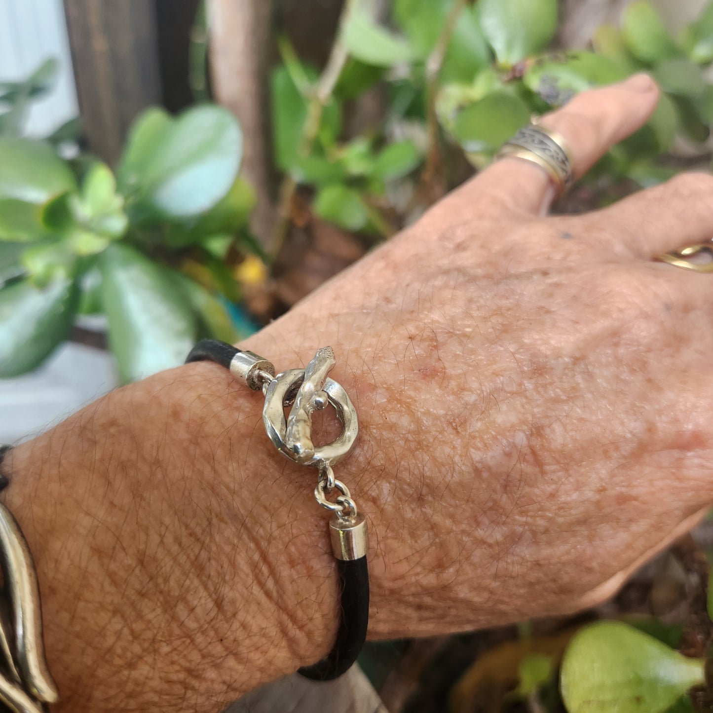 Silver and leather bracelet,925 sterling silver,silver fob bracelet