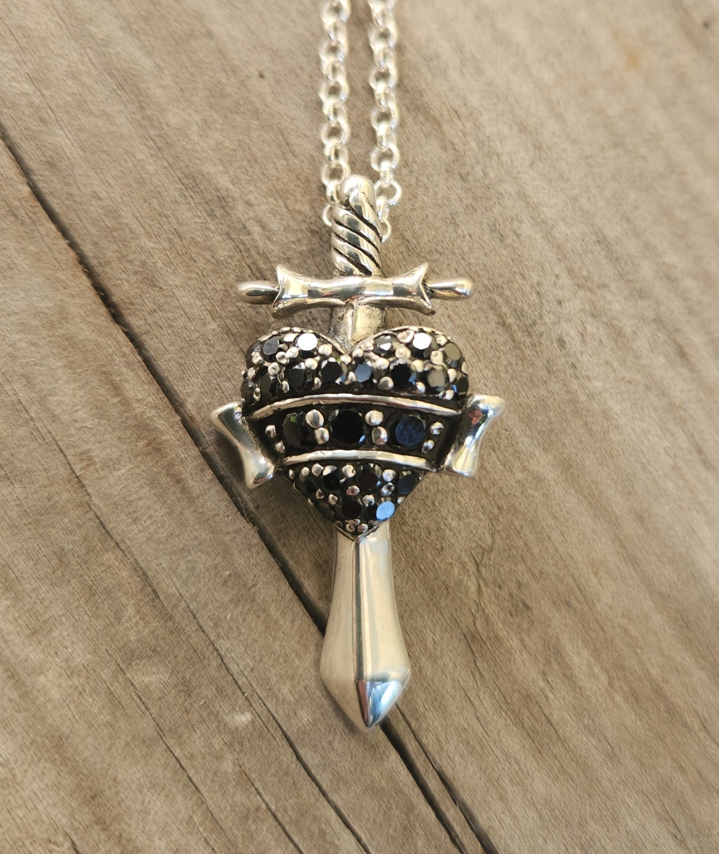 Heart sword pendant, 925 sterling silver,black cz heart,cubic zirconia dagger pendant