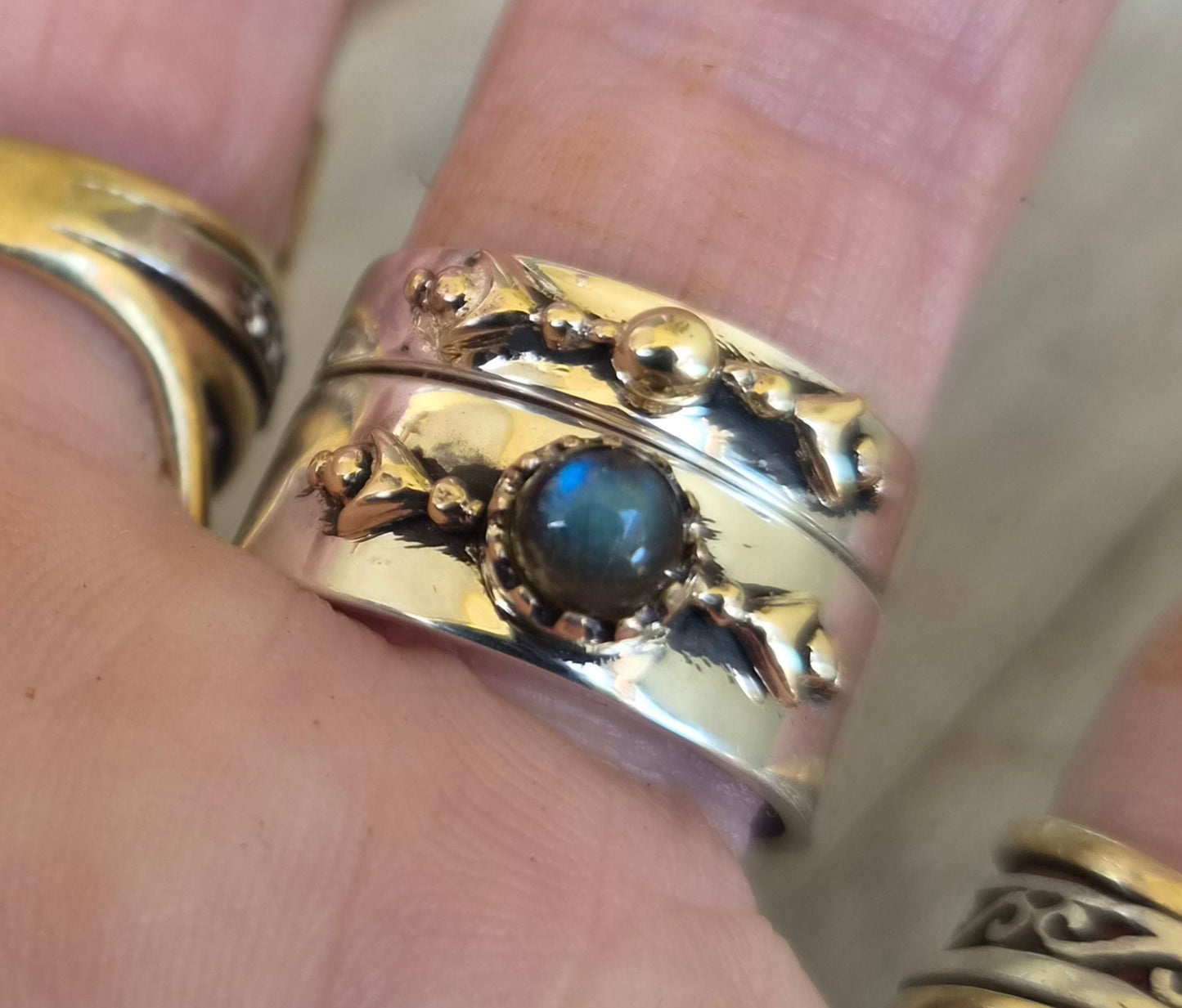 Mixed metal ring,9k gold top 925 sterling silver band, labradorite,moonstone two tone .