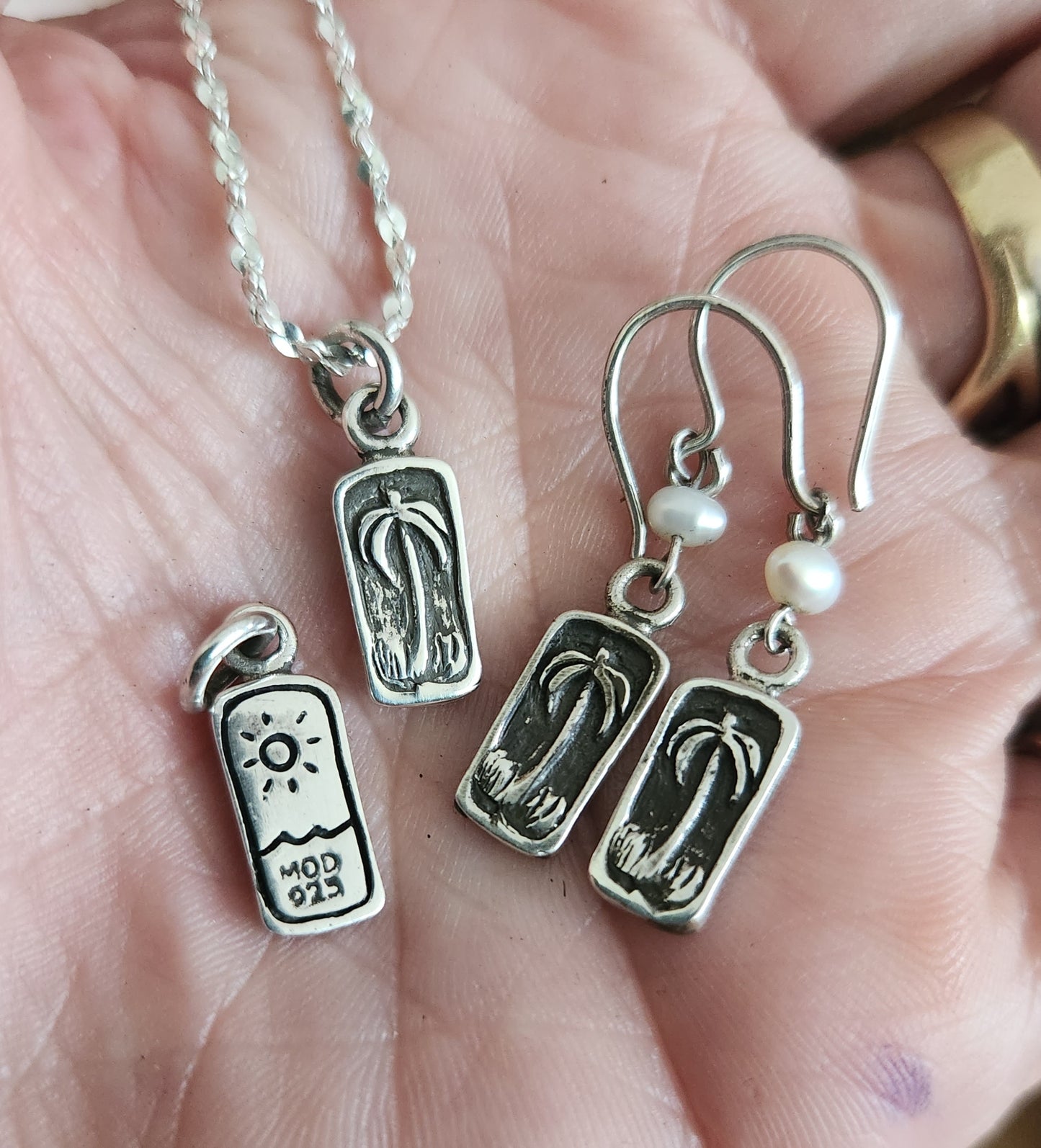 Palm tree pendant,charm 925 sterling silver,pearl drop earrings,sun charm