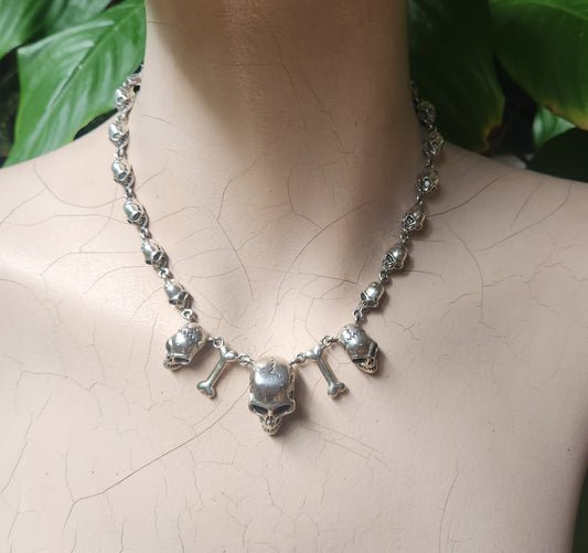 skull bone necklace,925 sterling silver,Great detail handmade multi skull 60gms