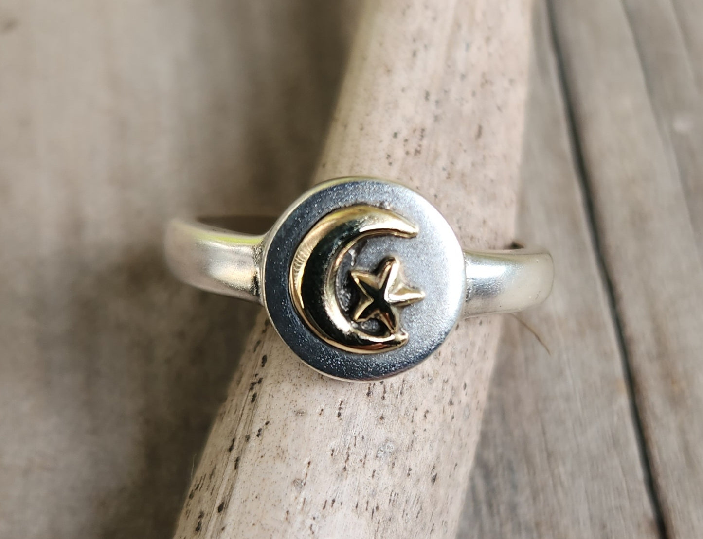 9K Moon Star ring on sterling silver signet ring.two tone, mixed metal