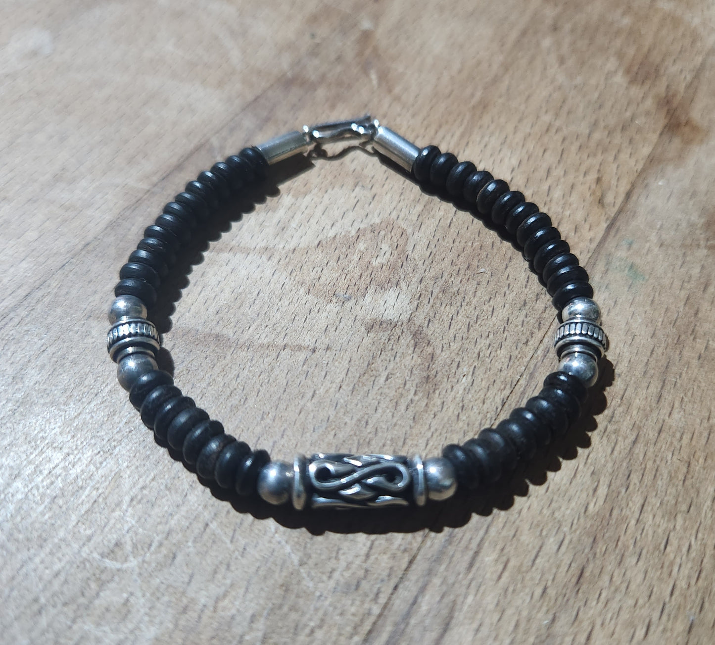 silver bead and wood bracelet,925 sterling silver,handmade coconut bracelet,boho,