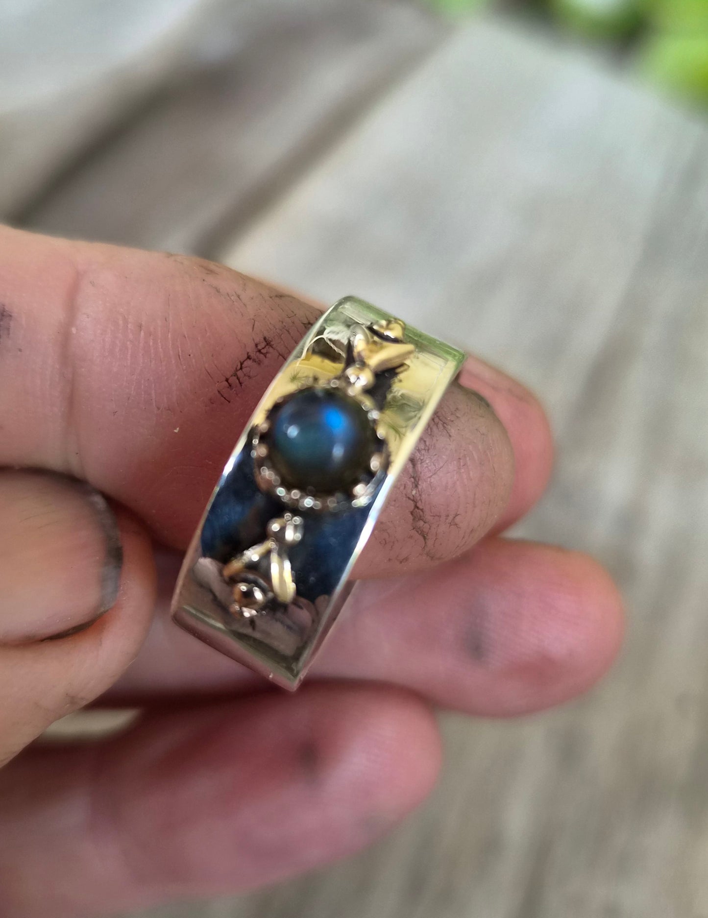 Mixed metal ring,9k gold ball top 925 sterling silver band,gemstone,two tone band