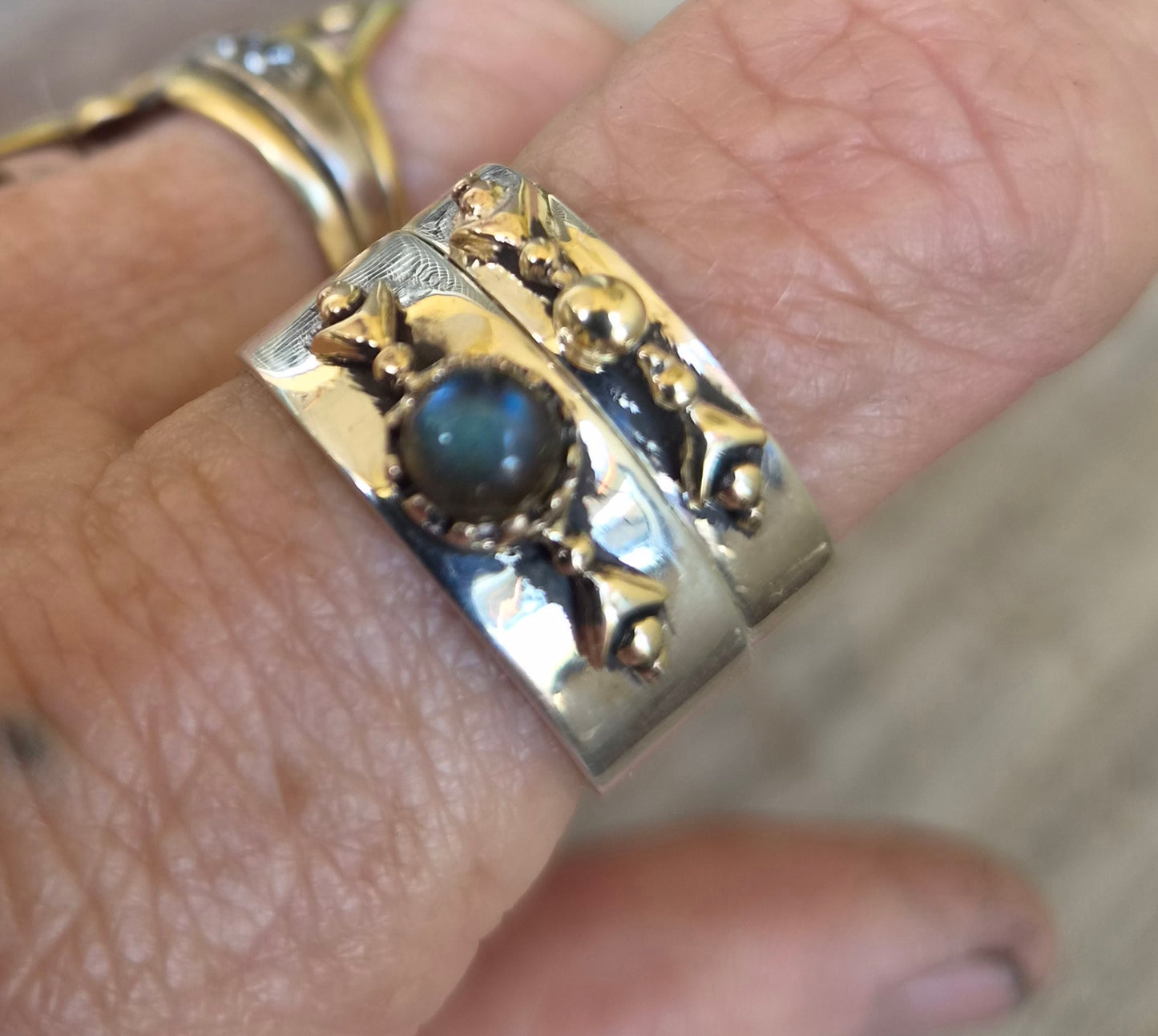 Mixed metal ring,9k gold top 925 sterling silver band, labradorite,moonstone two tone .