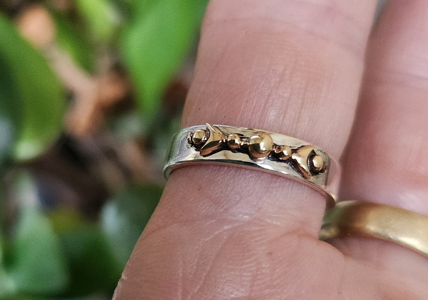 Mixed metal ring,9k gold ball top 925 sterling silver band, mixed metal.