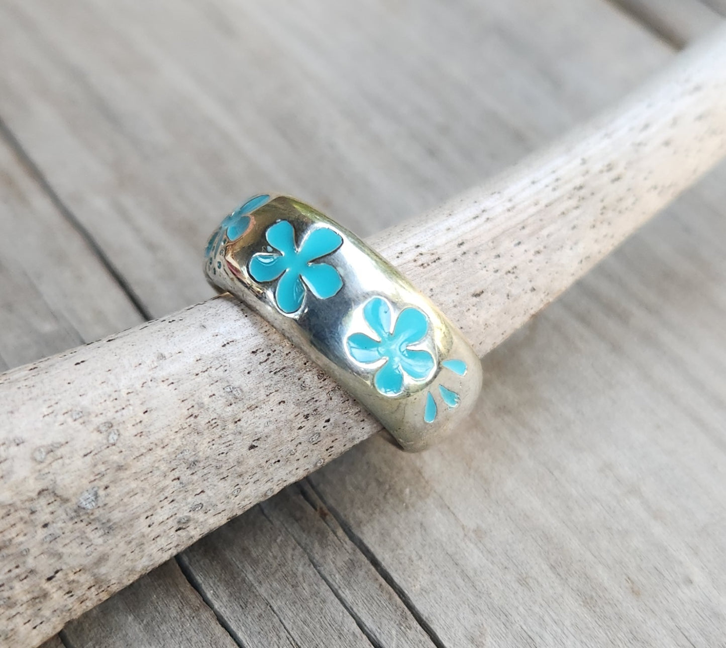 Surf ring,925 sterling silver band,Hawaii,blue Hibiscis flower ring,frangipani, surfer girl ring,flower, ring,boho,gypsy,silver band,wedding,hand made