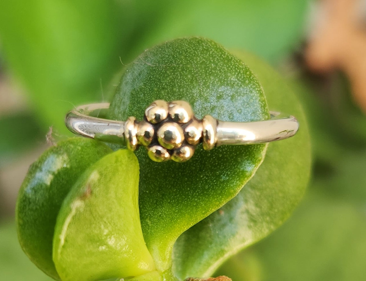 Two tone stacking ring,solid 9k gold bead and sterling silver,thin flower ring,