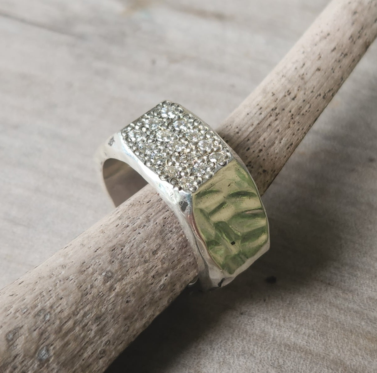 Hexagonal cubic zirconia ring, 925 solid sterling silver,cz top, hammered handmade band,unisex ring, wedding ring,heavy band,industrial,