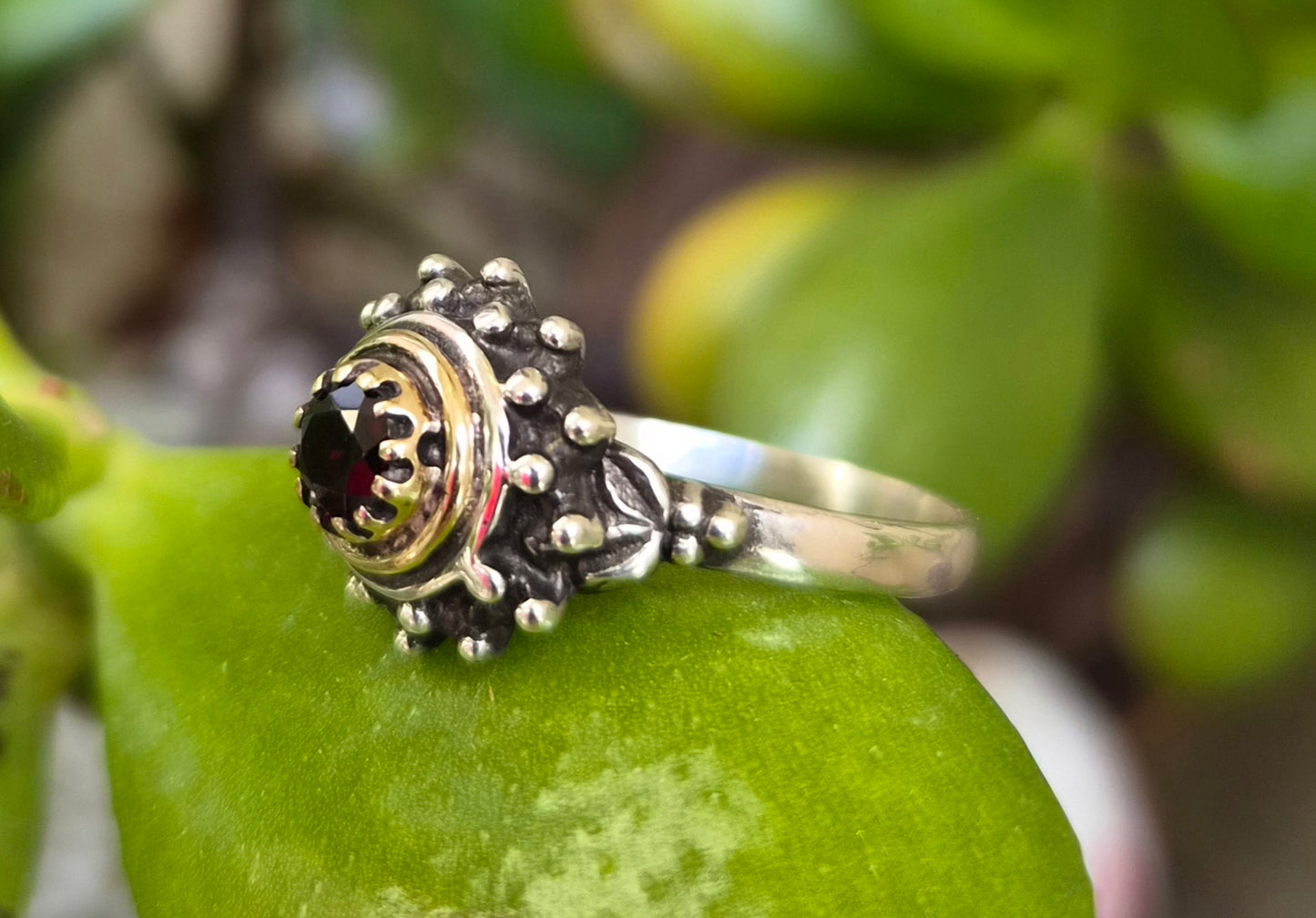 Two tone Garnet ring,9k and sterling silver, handmade mixed metal, goddess,boho,solitare,ball ring