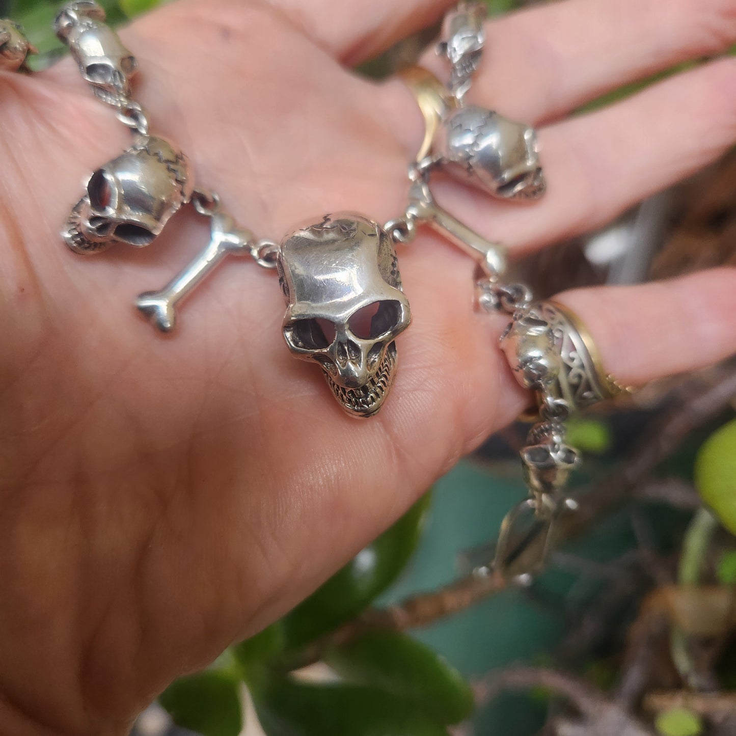 skull bone necklace,925 sterling silver,Great detail handmade multi skull 60gms