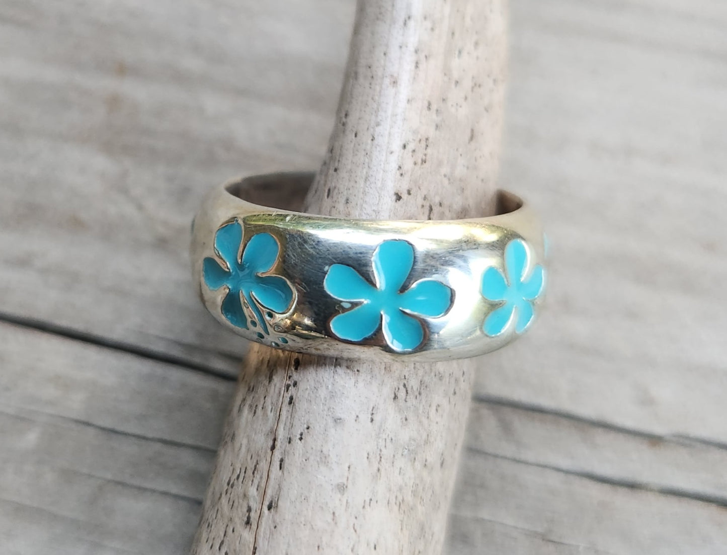Surf ring,925 sterling silver band,Hawaii,blue Hibiscis flower ring,frangipani, surfer girl ring,flower, ring,boho,gypsy,silver band,wedding,hand made