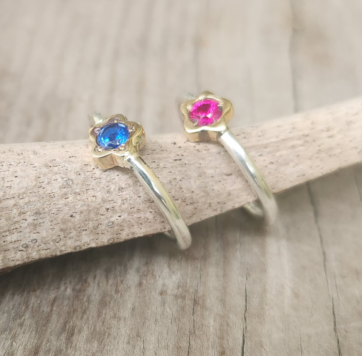 Two tone flower stacking ring,solid 9k gold and sterling silver,mixed metal thin stacker band ,