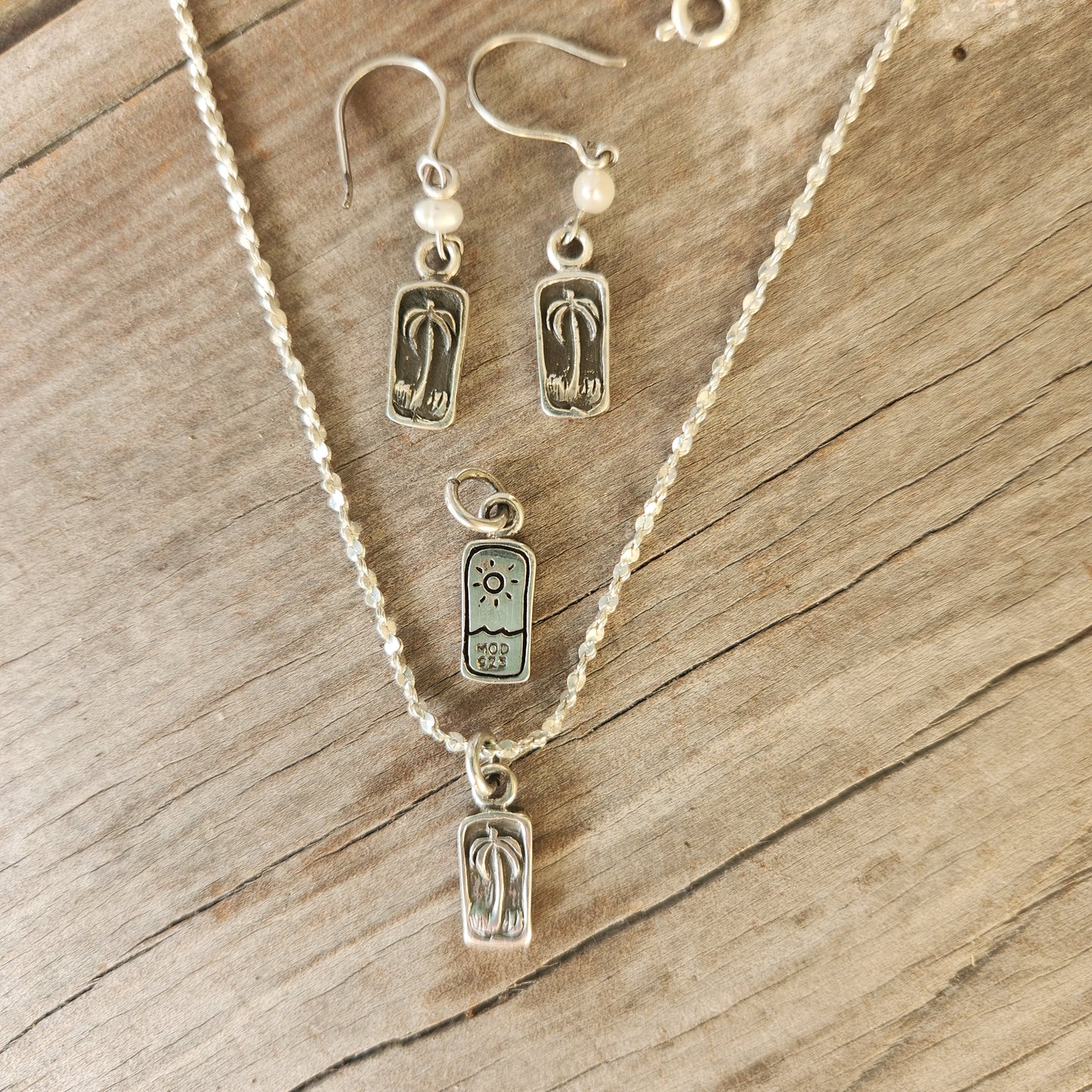Palm tree pendant,charm 925 sterling silver,pearl drop earrings,sun charm