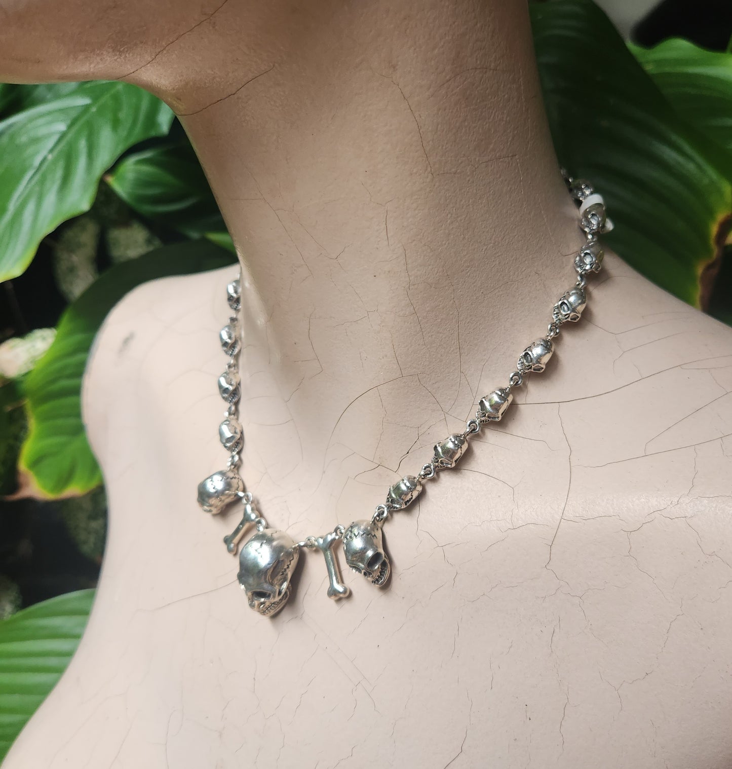 skull bone necklace,925 sterling silver,Great detail handmade multi skull 60gms