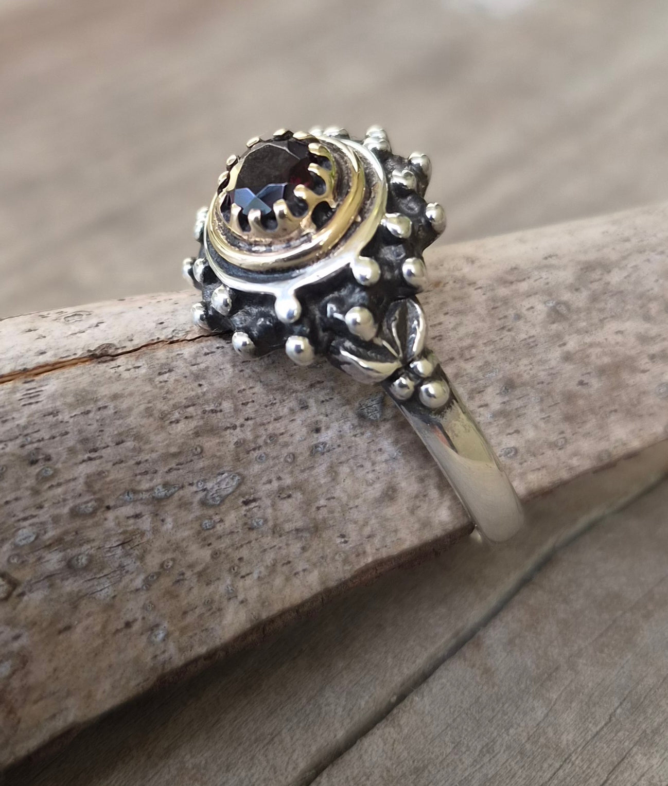 Two tone Garnet ring,9k and sterling silver, handmade mixed metal, goddess,boho,solitare,ball ring