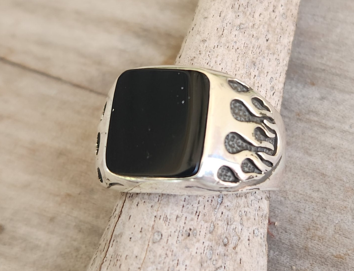 Square black top ring, flame ring,925 sterling silver,gothic,punk,men's fashion,