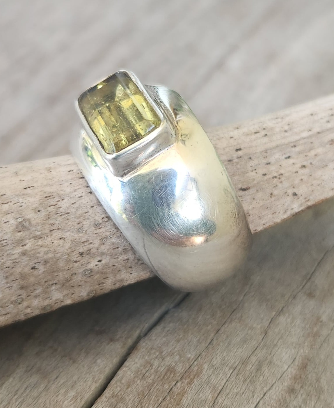 Wide silver ring,925 sterling silver,yellow beryl rectangle gemstone. handmade,new age