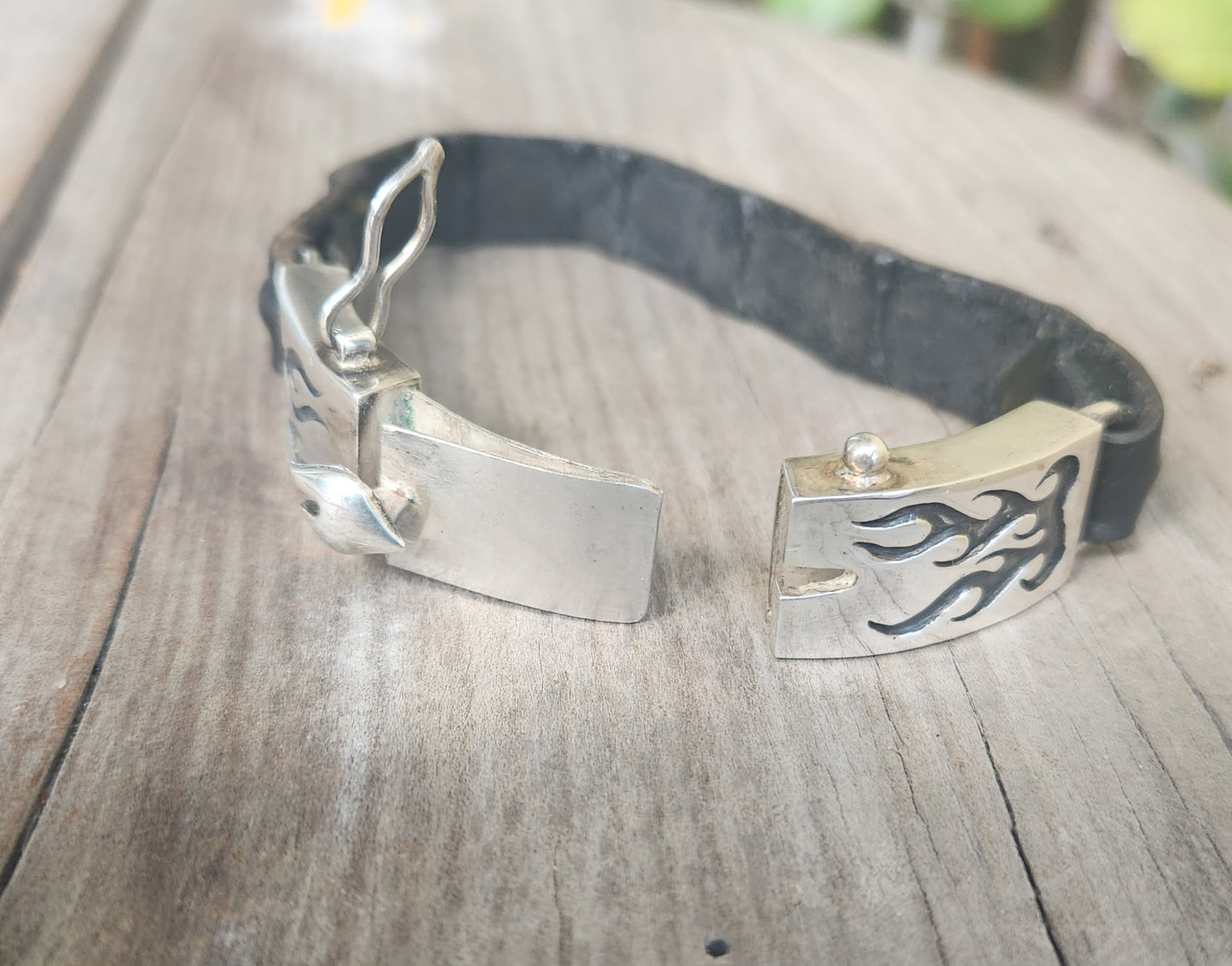Silver flame bracelet,925 sterling silver,heavy chunky silver with crocodile leather band