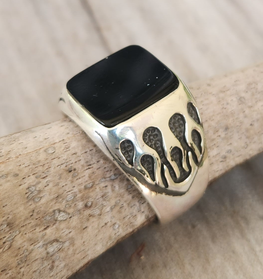 Square black top ring, flame ring,925 sterling silver,gothic,punk,men's fashion,