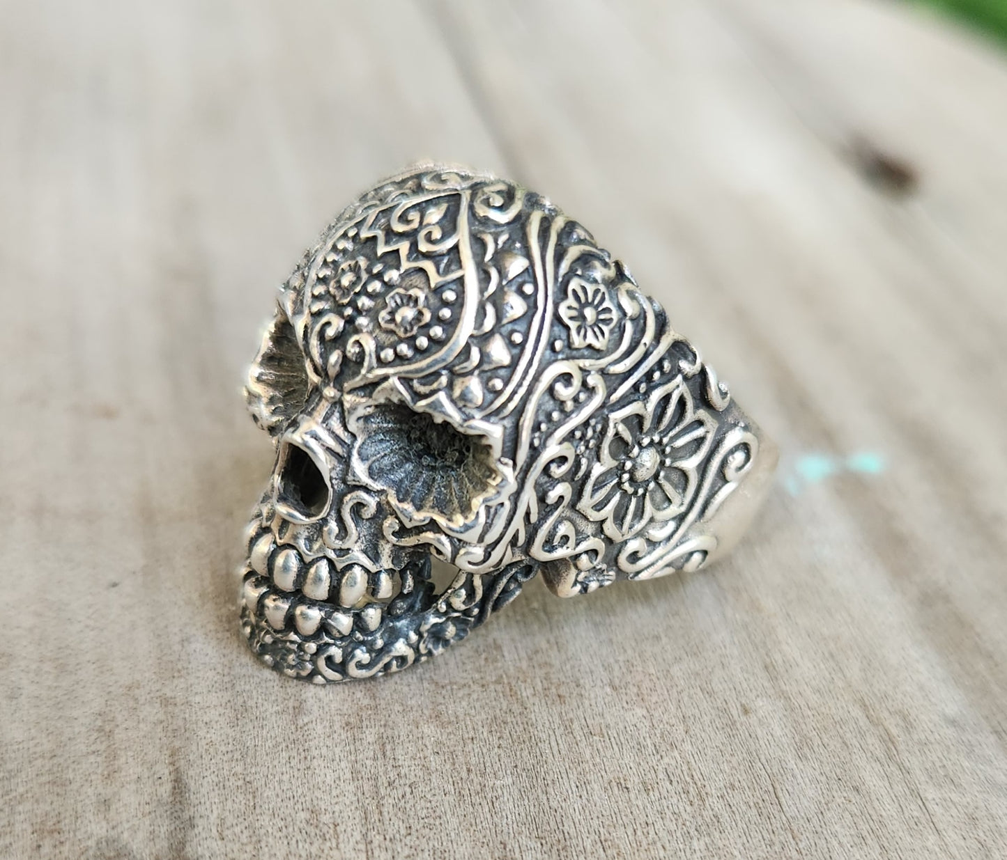 sugar skull,925 sterling silver,day of the dead, skull,steampunk,gothic, punk,large skull ,long silver ring,handmade,