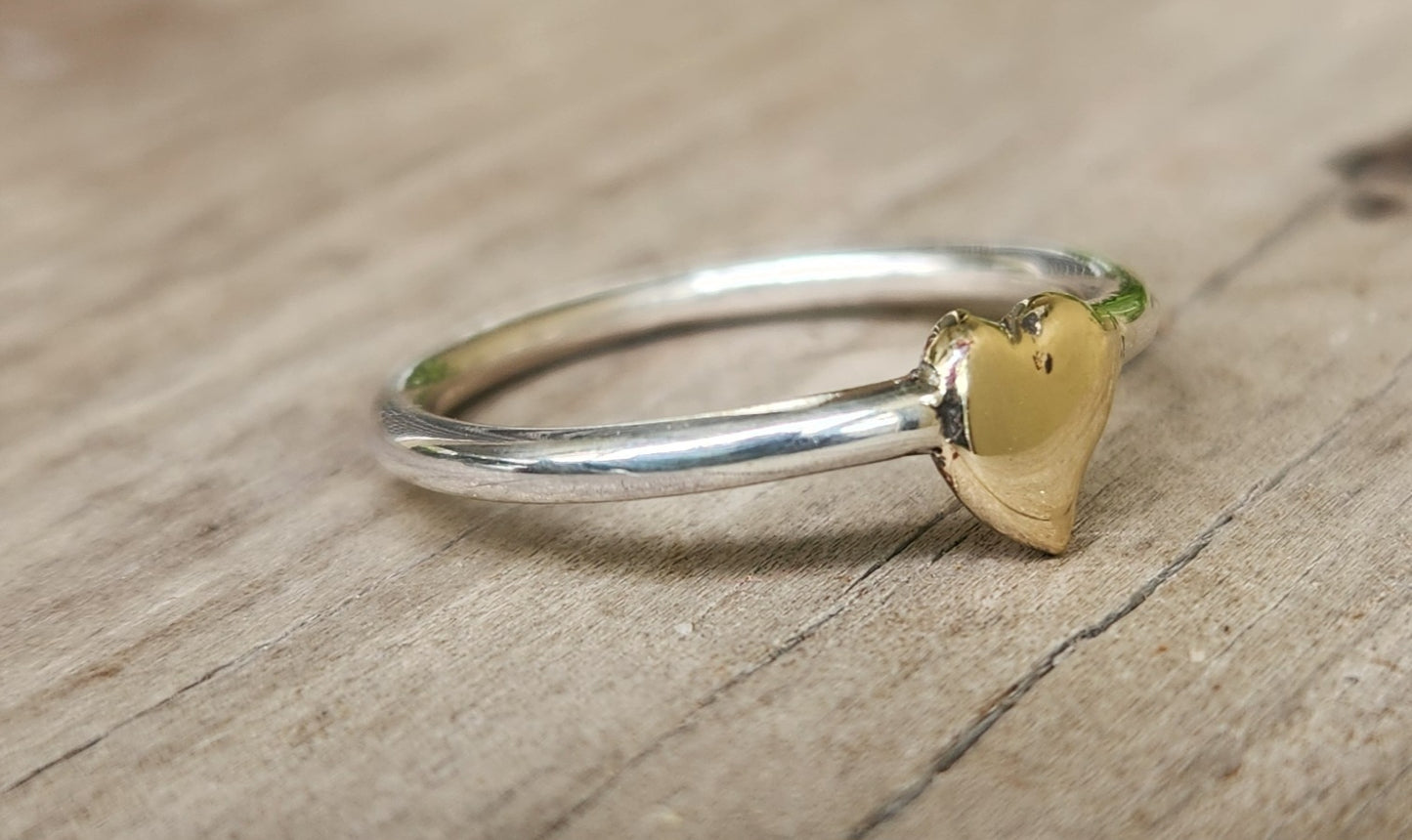 Gold Heart ring,9k Gold and 925 sterling silver,two tone ring,mixed metal