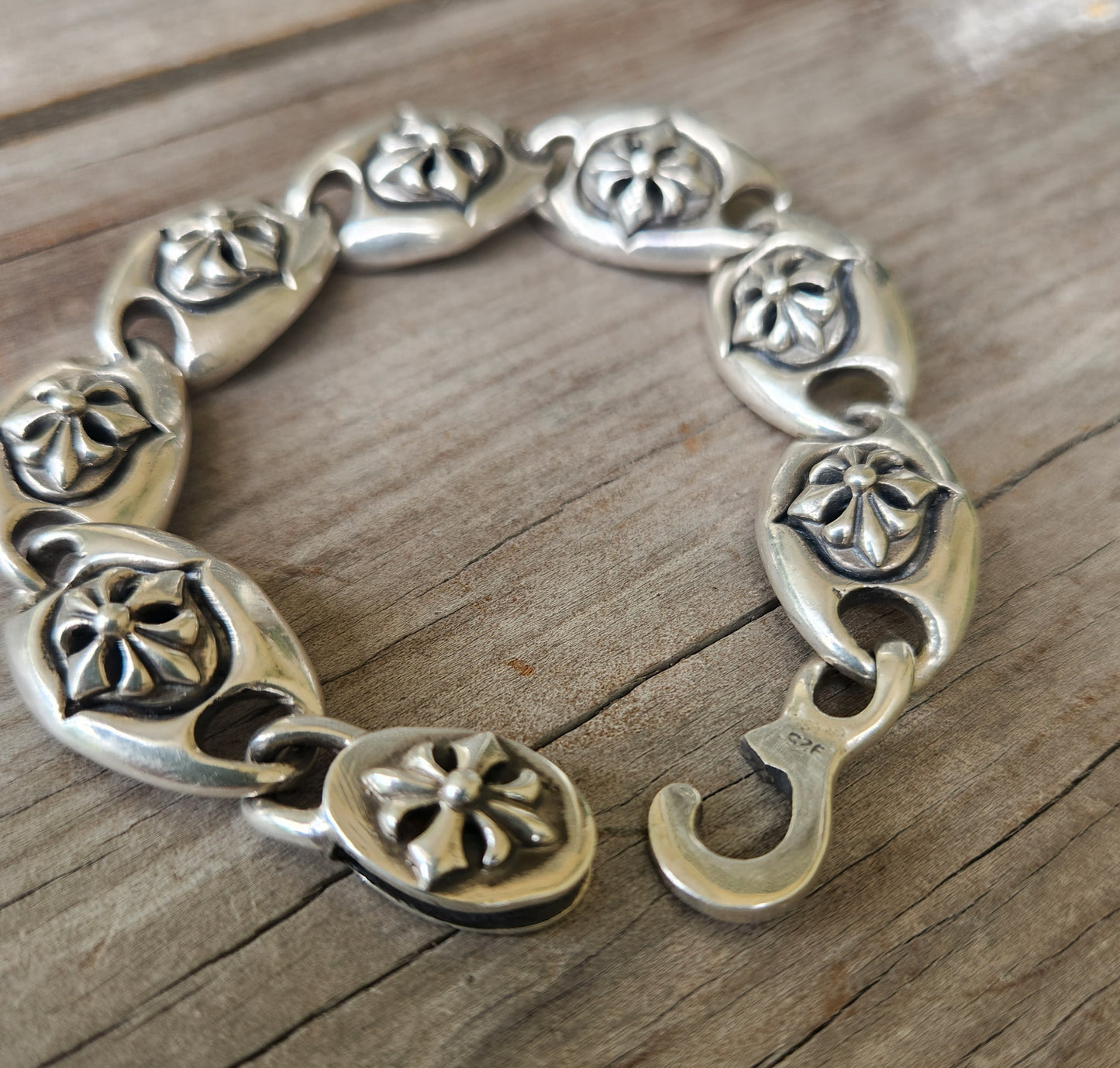 Heavy silver bracelet,925 sterling silver,Fluer-de-Lis link, handmade,unisex,boho,