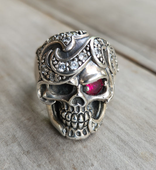 Skull ring,925 sterling silver bling,cubic zirconia,rockabilly,handmade,mens fashion,chunky ring,pirate