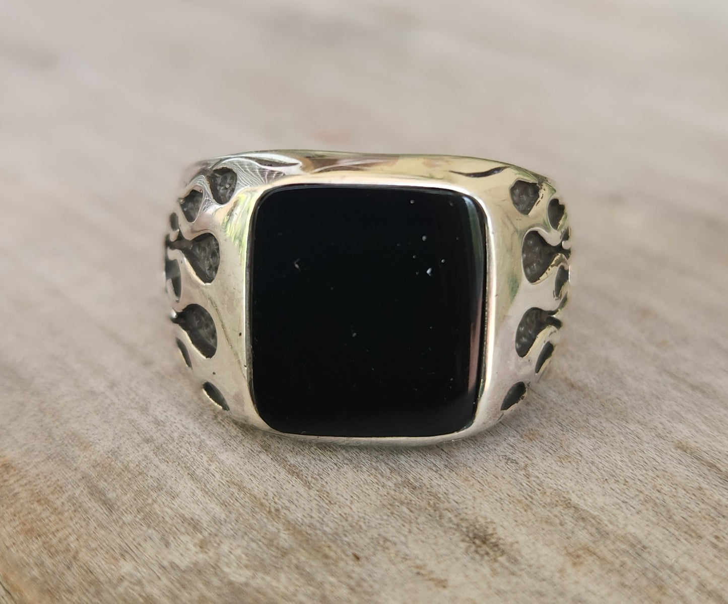 Square black top ring, flame ring,925 sterling silver,gothic,punk,men's fashion,
