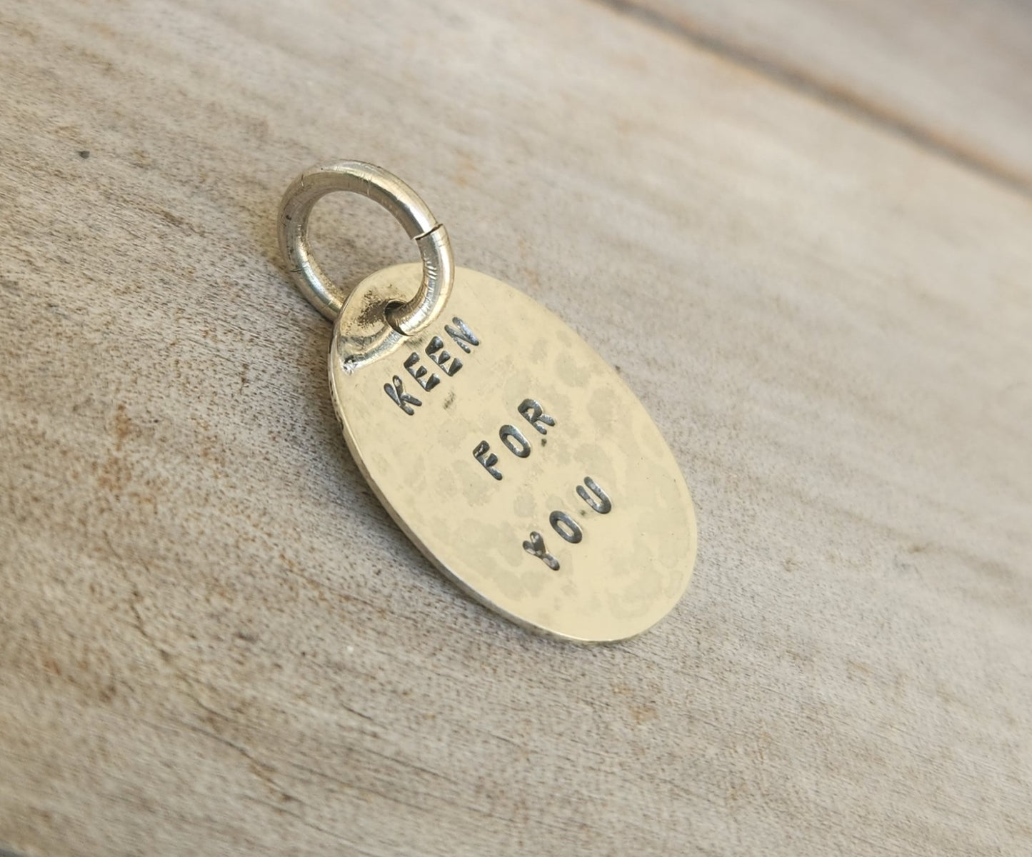 Keen for you Cupid,lovers disc, hammered sterling silver,stamped ID tag,gypsy,hippy boho