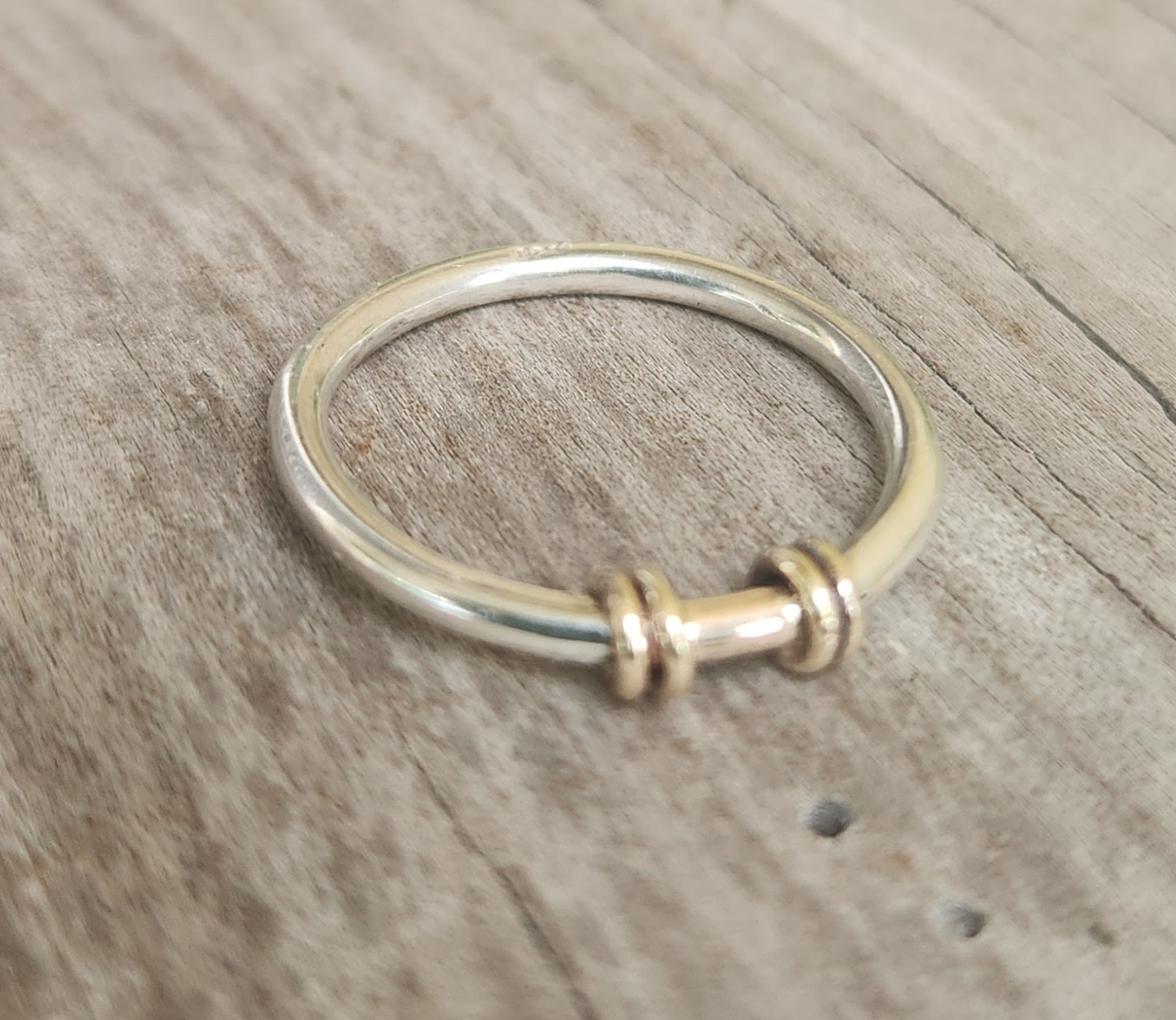 Two tone coil ring,solid 9ct/9k gold and sterling silver,2mm band,solid gold wire wrap