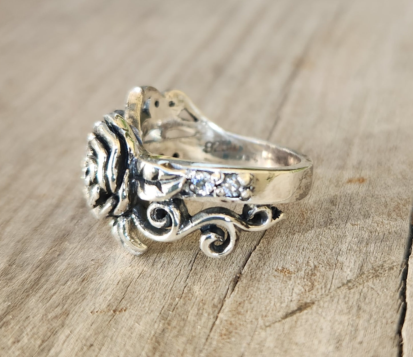 rose cz ring,sterling silver,cubic zirconias, flower boho, steampunk,gothic,art nouveau ,victorian,vintage,handmade,gypsy,goddess,women fashion