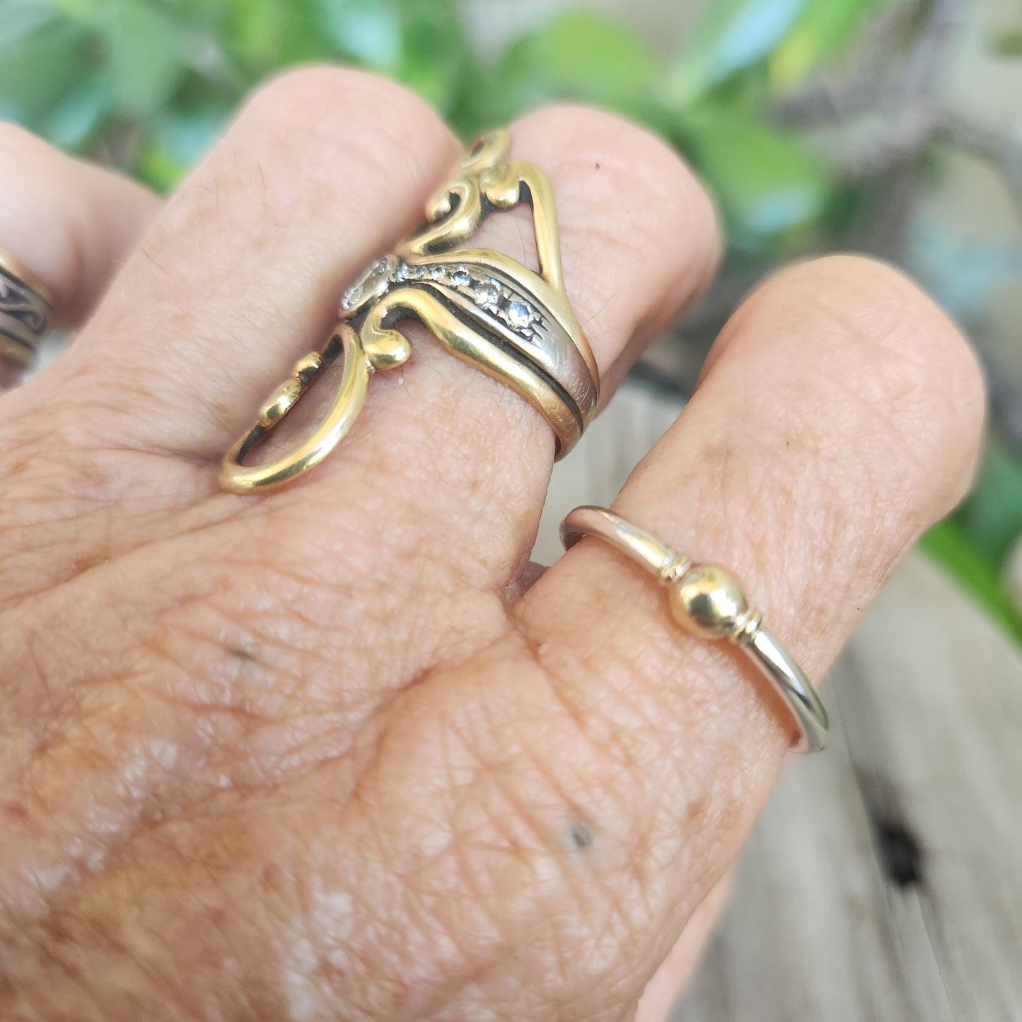 Two tone stacking ring,9k gold vintage bead on a sterling silver band,thin halo mixed metal stacker band