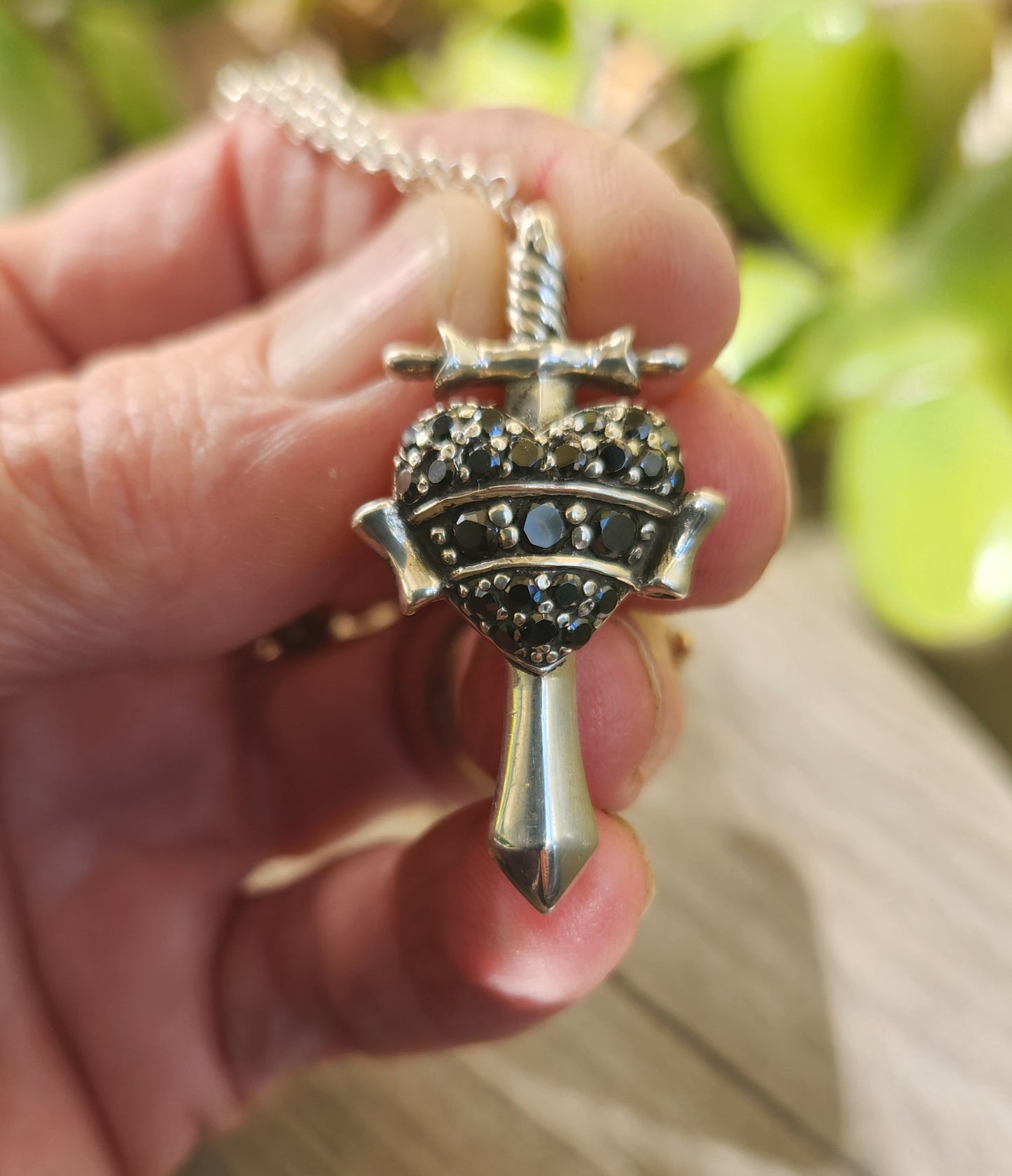 Heart sword pendant, 925 sterling silver,black cz heart,cubic zirconia dagger pendant